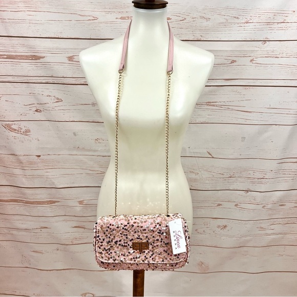 NWT Linea Donna Iridescent Pink Sequin Velour Convertible Crossbody Clutch Bag - Picture 2 of 9